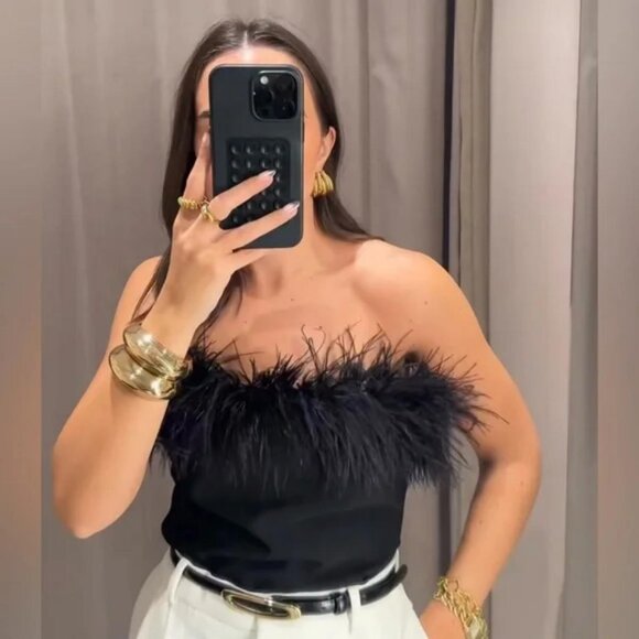 ZARA STRAPLESS FEATHER TOP - Picture 2 of 6
